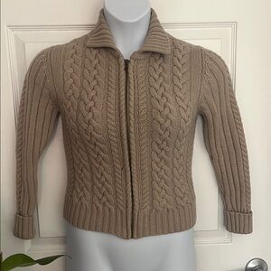 Rosanna Tan Cable Knit zip up Cardigan 100% lambswool women’s medium petite